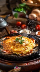 Thaistyle crab omelette, fluffy and packed with crab meat, lively street food stall in Phuket