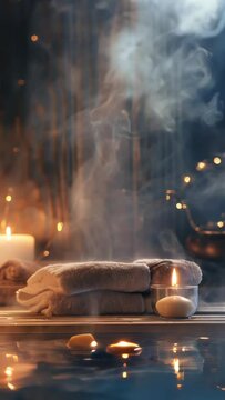 luxurious spa vertical video background with candles, rolled towels, and flowers, serene atmosphere for relaxation and wellness, concept for spa retreats, beauty salons, wellness centers.