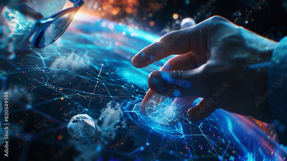 Aufkleber Metaverse and Blockchain Technology Concepts Person with Glasses try to Touching Object for Experiences of Metaverse Virtual World Futuristic Tone : Generative AI