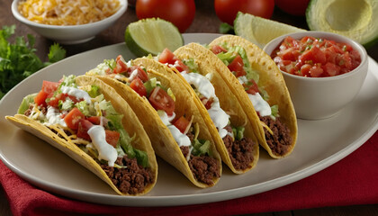 Fototapeta premium ground beef tacos with tomato, lettuce, and sour cream