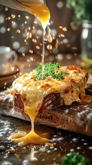 Welsh rarebit, bubbling cheese on toast, closeup shot, rustic kitchen counter, early morning breakfast setting, bright and airy