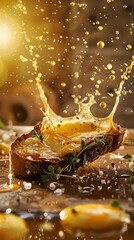 Welsh rarebit, bubbling cheese on toast, closeup shot, rustic kitchen counter, early morning breakfast setting, bright and airy