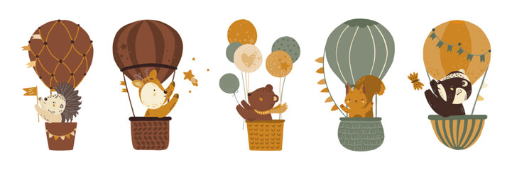 Vector illustration with forest animals on balloons . Squirrel, badger, hedgehog, bear, deer. Baby animals. Large set for clipart. Set of animals in cartoon style on a white background.