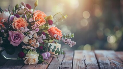 flower shop concept Closeup beautiful lovely bouquet of mixed flowers on wooden table Wallpaper :...
