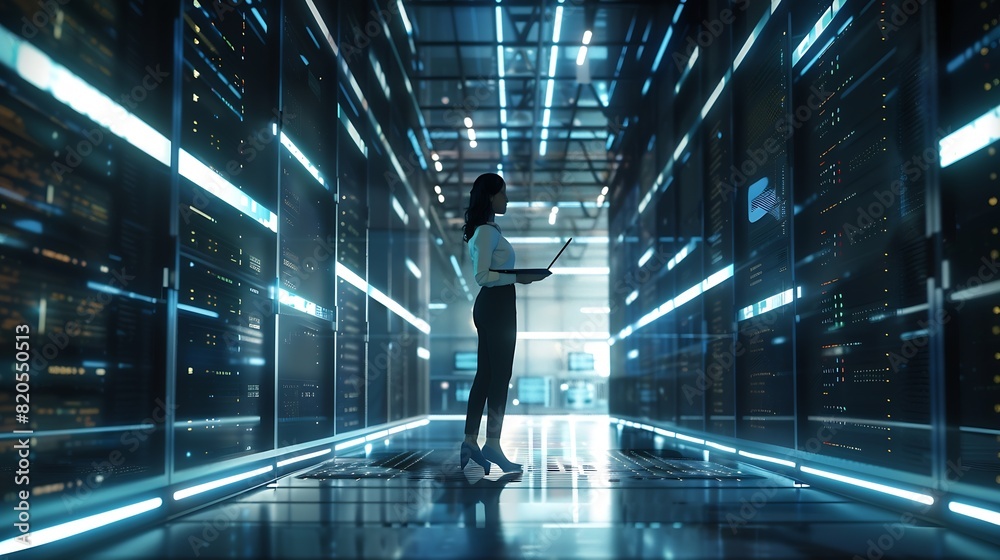 Poster 3D Graphics Concept Big Data Center Female Chief Technology Officer Using Laptop Standing In Warehouse Activates Servers Information Digitalization Starts SAAS Cloud Computing Web Serv : Generative AI