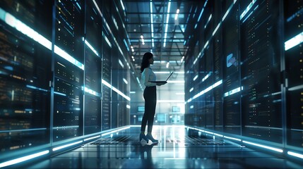 3D Graphics Concept Big Data Center Female Chief Technology Officer Using Laptop Standing In Warehouse Activates Servers Information Digitalization Starts SAAS Cloud Computing Web Serv : Generative AI