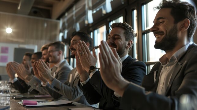 Confident business professionals applaud during a meeting. AIG535