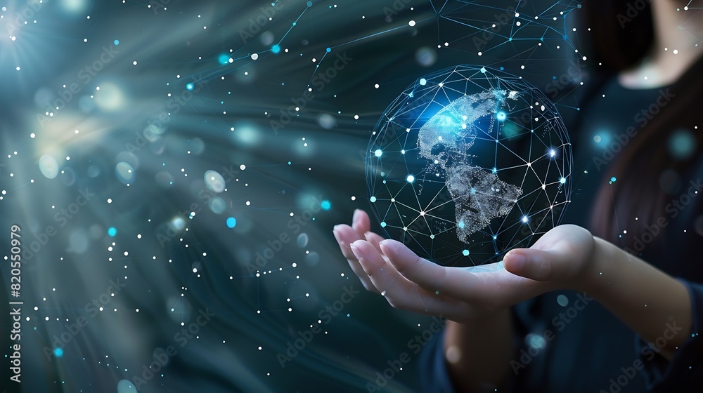 Fototapete Metaverse Virtual TechnologyWoman hand holding global network connection Internet communication Wireless connection technology Futuristic technology with polygonal shapes : Generative AI