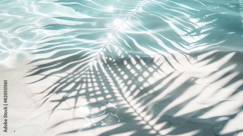 Aufkleber palm leaf shadow on abstract white sand beach background sun lights on water surface beautiful abstr