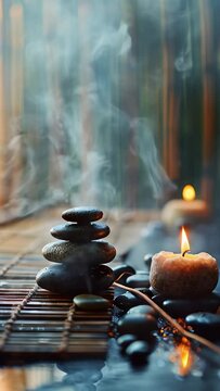  spa vertical background with stones and flowers , water and steam, natural light, tranquil atmosphere for relaxation and meditation, spa retreats, wellness centers, relaxation spaces.