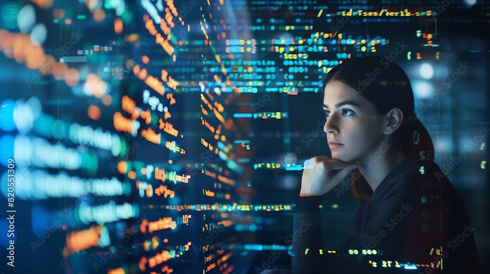 Aufkleber Computer code hologram and woman thinking of data analytics information technology or software overlay at night Laptop solution and IT people with algorithm statistics and cybersecurit : Generative AI