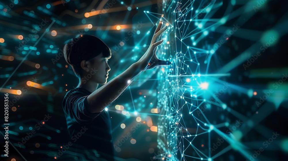 Poster Big data digital technology concept Software engineer touching on virtual internet network connection with data center network server innovative futuristic technology background data m : Generative AI
