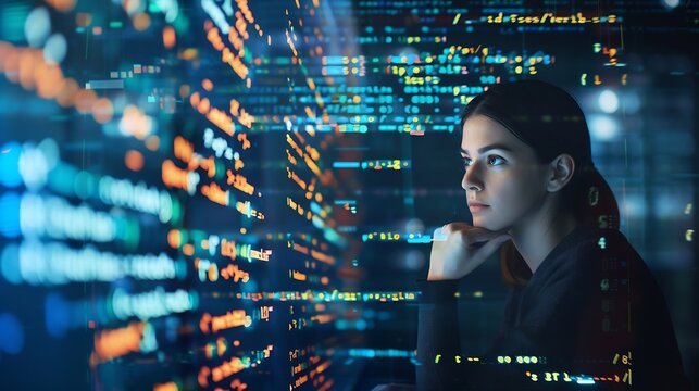 Computer code hologram and woman thinking of data analytics information technology or software overlay at night Laptop solution and IT people with algorithm statistics and cybersecurit : Generative AI