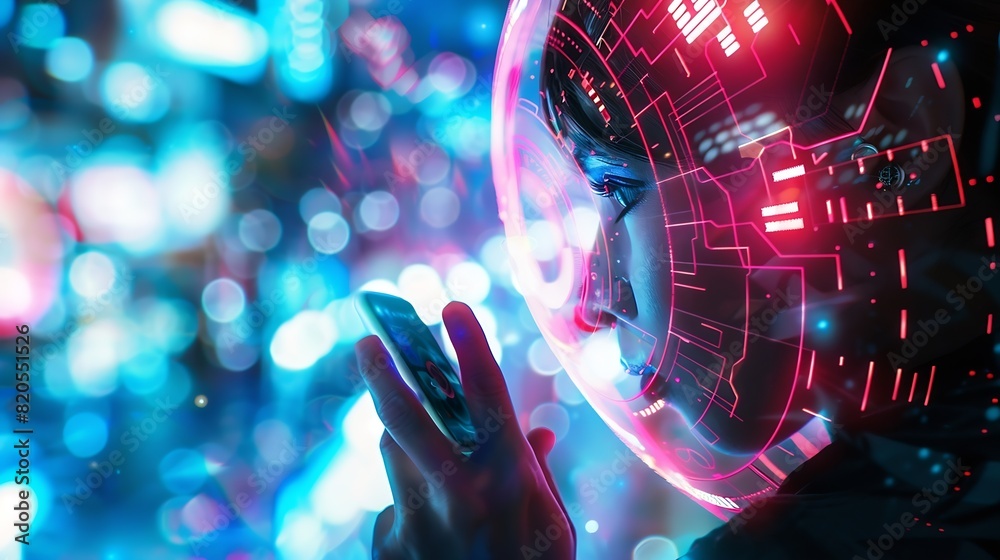 Poster Metaverse and Blockchain Technology Concepts Person with an Experiences of Metaverse Virtual World via Smart Phone Futuristic Tone Conceptual Photo : Generative AI