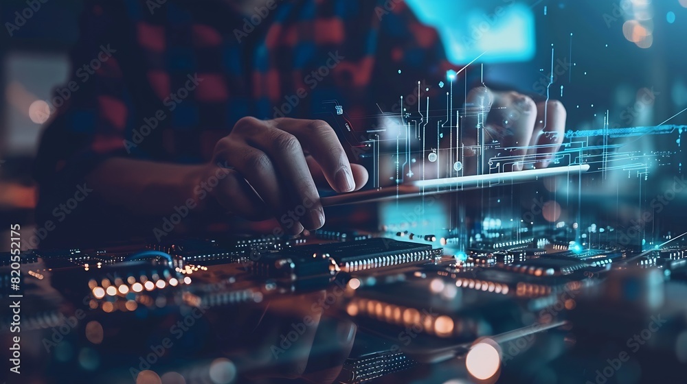 Fototapete Digital technology software development concept Coding programmer software engineer using digital tablet with circuit board and javascript on virtual screen internet of things IoT : Generative AI