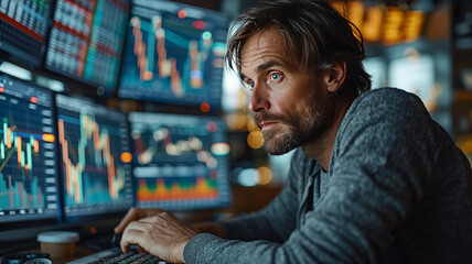 Fototapeta premium Explore finance with an analyst reviewing stock trends, integrating reports and market research for strategic planning.generative ai