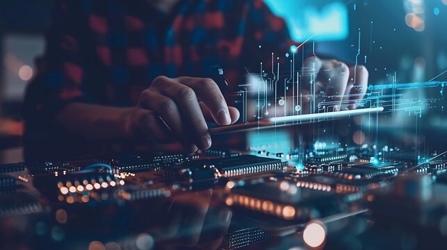 Digital technology software development concept Coding programmer software engineer using digital tablet with circuit board and javascript on virtual screen internet of things IoT : Generative AI