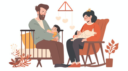 Mother and father watching at sleeping baby flat vector