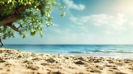 Beautiful sandy beach with blur sky and tree summer : Generative AI