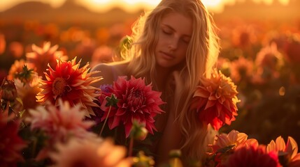 Portrait of a woman with lots of freshly picked up colorful dahlias and lush amaranth flower on rural farm during sunset : Generative AI