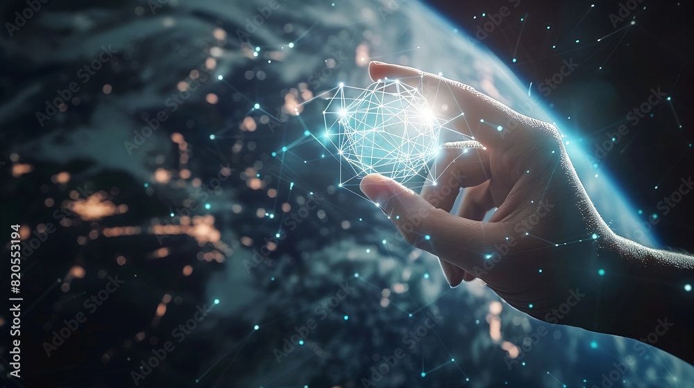 Aufkleber Businessman touching global network and data exchanges over the world 3D rendering : Generative AI