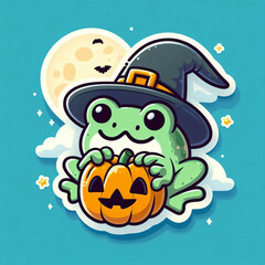 Naklejka premium Halloween sticker cute frog and moon