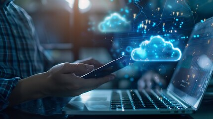 Digital technology cloud computing concept Software engineer using mobile smart phone and laptop computer with global network connection Technology innovative and communication concept : Generative AI