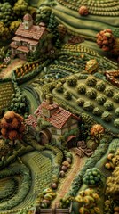 An aerial view of a beautiful landscape with green hills, trees, and houses.