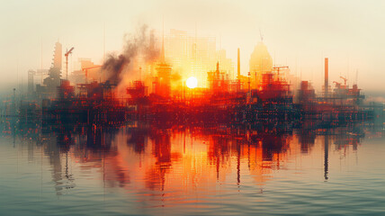 Naklejka premium Double exposure graphic design transforms the construction scene,generative ai