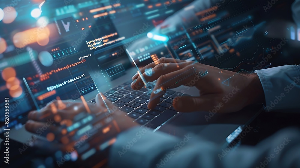 Aufkleber Digital technology concept Man programmer working on laptop for big data management computer code on futuristic virtual interface screen data mining digital software development data s : Generative AI