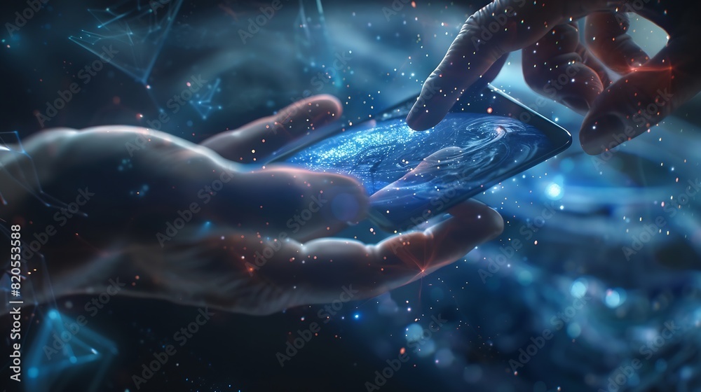 Poster Metaverse and Blockchain Technology Concepts Person with an Experiences of Metaverse Virtual World via Smart Phone Futuristic Tone Hand Levitating Mobile Phone : Generative AI
