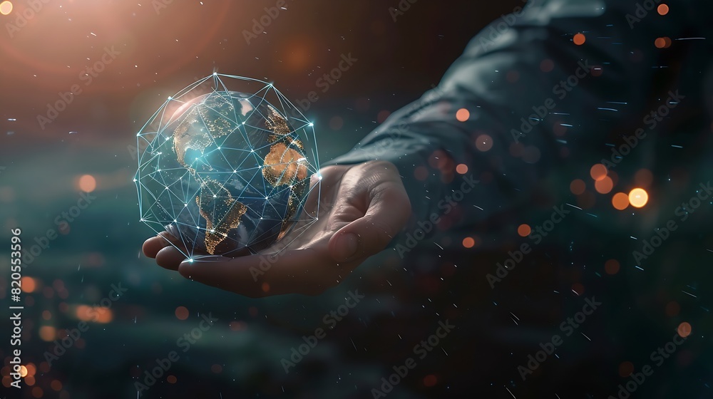 Poster Businessman holding global network connection on social networking and customer data analytics Business strategy and smart intelligence digital marketing Technology and global business : Generative AI