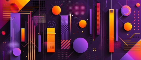 Vibrant abstract illustration with geometric shapes in purple and orange hues.
