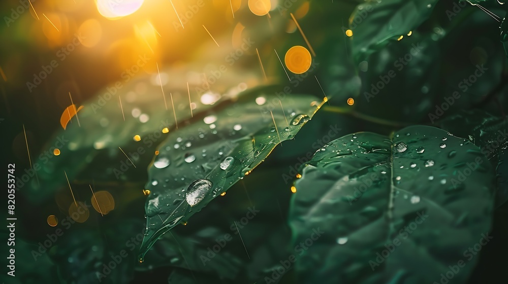 Aufkleber large beautiful drops of transparent rain water on a green leaf macro drops of dew in the morning gl