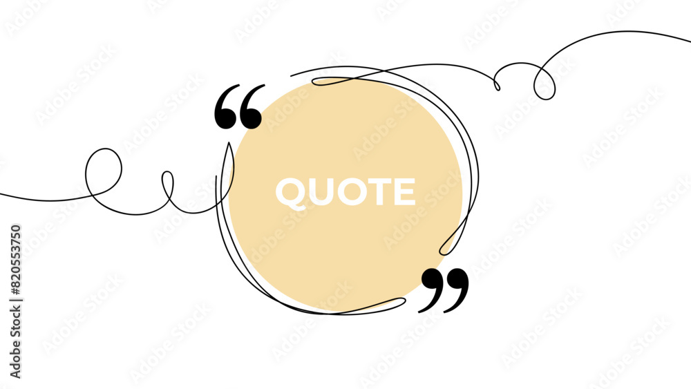 Poster Quote frame. Speech bubble line art. Round shape. Continuous black lines with quotation marks. Hand drawn sketch outline. Vector illustration.