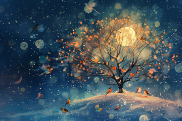 a tree full of colorful birds and leaves with full moon in the background  - Powered by Adobe