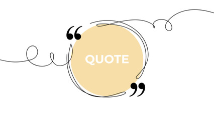 Quote frame. Speech bubble line art. Round shape. Continuous black lines with quotation marks. Hand drawn sketch outline. Vector illustration.