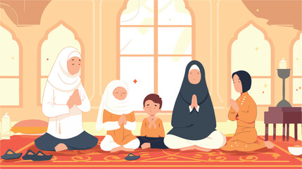 Muslim family during Namaz Salah. Religious parents 
