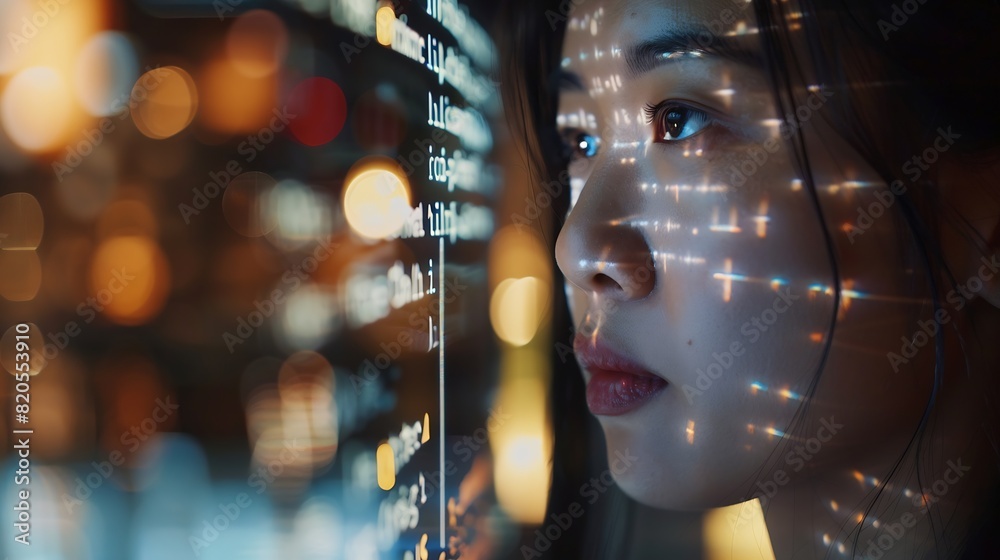 Aufkleber Portrait of Asian Female Startup Digital Entrepreneur Working on Computer Line of Code Projected on Her Face and Reflecting Software Developer Working on Innovative eCommerce App using : Generative AI