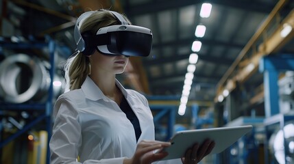 Businesswoman wearing vr glasses with colleague using tablet pc in factory : Generative AI - Powered by Adobe