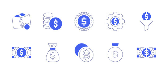 Dollar icon set. Duotone style line stroke and bold. Vector illustration. Containing money bag, coin, dollar, bill, dollar note, gear.