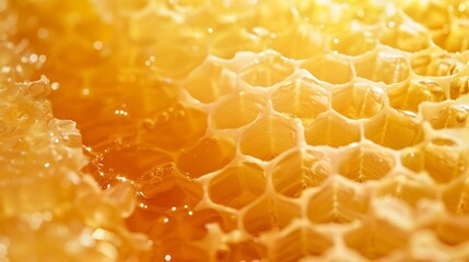 Honeycombs with sweet golden honey on whole background close up Background texture pattern of section of wax honeycomb : Generative AI