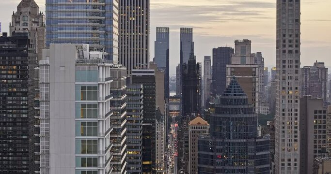 NYC New York Aerial v345 zoomed flyover through Midtown Lenox Hill, birds eye view capturing traffic on 59th street towering skyscrapers cityscape - Shot with Mavic 3 Pro Cine - September 2023