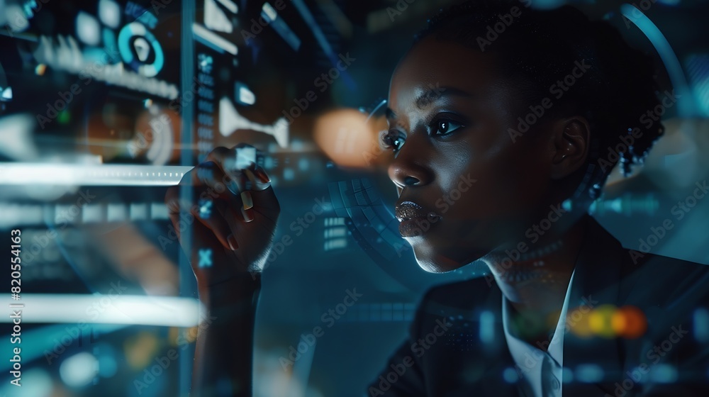 Leinwandbilder Black woman working in office and futuristic graphical user interface concept ICT Information Communication Technology System engineering : Generative AI