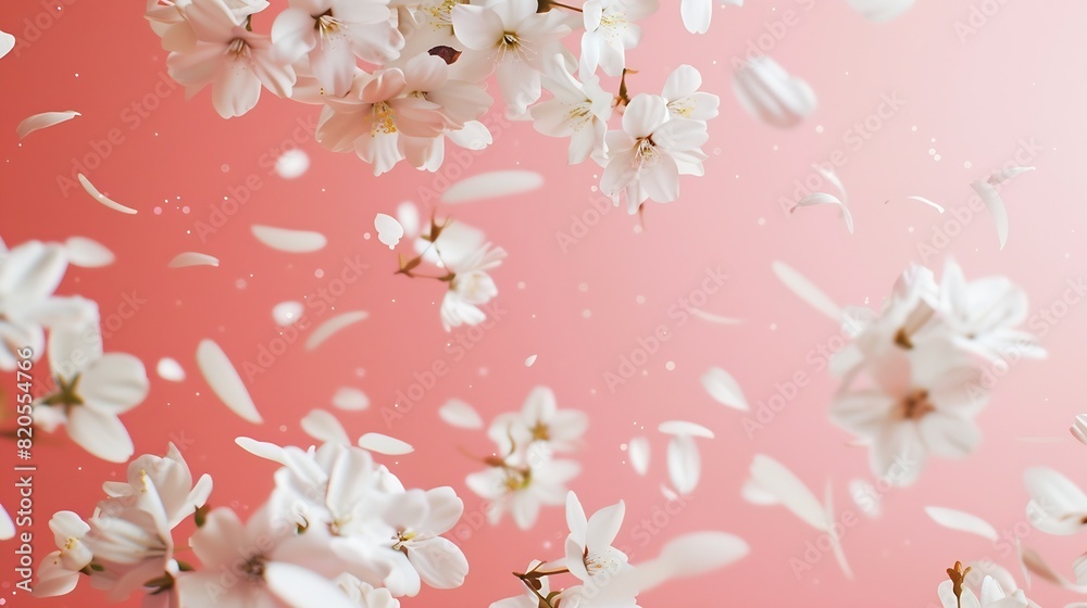 Poster a beautiful image of spring white cherry flowers flying in the air on the pastel pink background lev