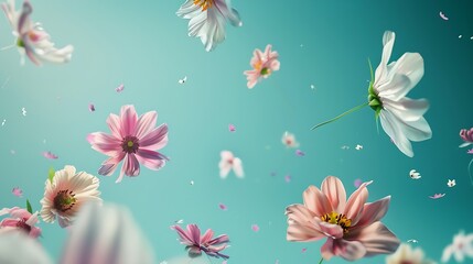 Beautiful spring flowers flying in the air against teal background Creative spring floral layout...