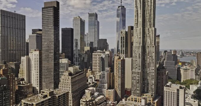 NYC New York Aerial v402 drone fly through the financial district capturing densely populated Lower Manhattan cityscape with towering skyscrapers - Shot with Mavic 3 Pro Cine - September 2023
