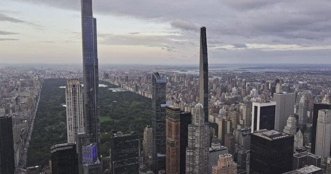 NYC New York Aerial v338 tracking flyover Midtown Manhattan capturing skyscrapers of Billionaires' Row against Central Park and Upper East Side cityscape - Shot with Mavic 3 Pro Cine - September 2023