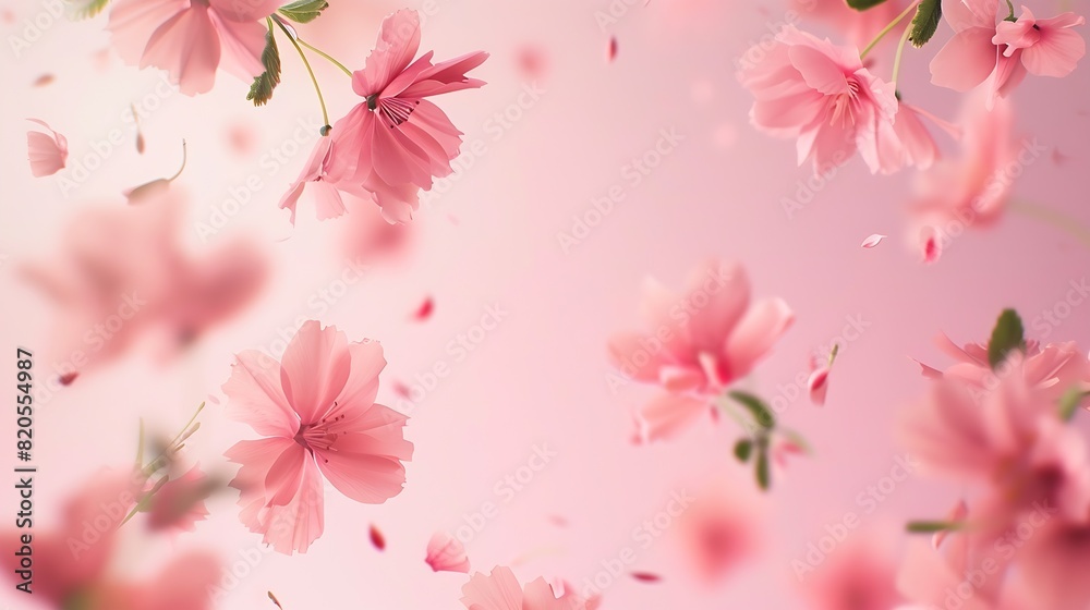 Poster a beautiful image of sping pink flowers flying in the air on the pastel pink background levitation c