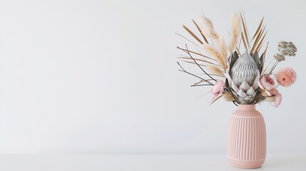 Beautiful dried flower arrangement in a stylish pink vase In the flower bunch is pink King Proteas...
